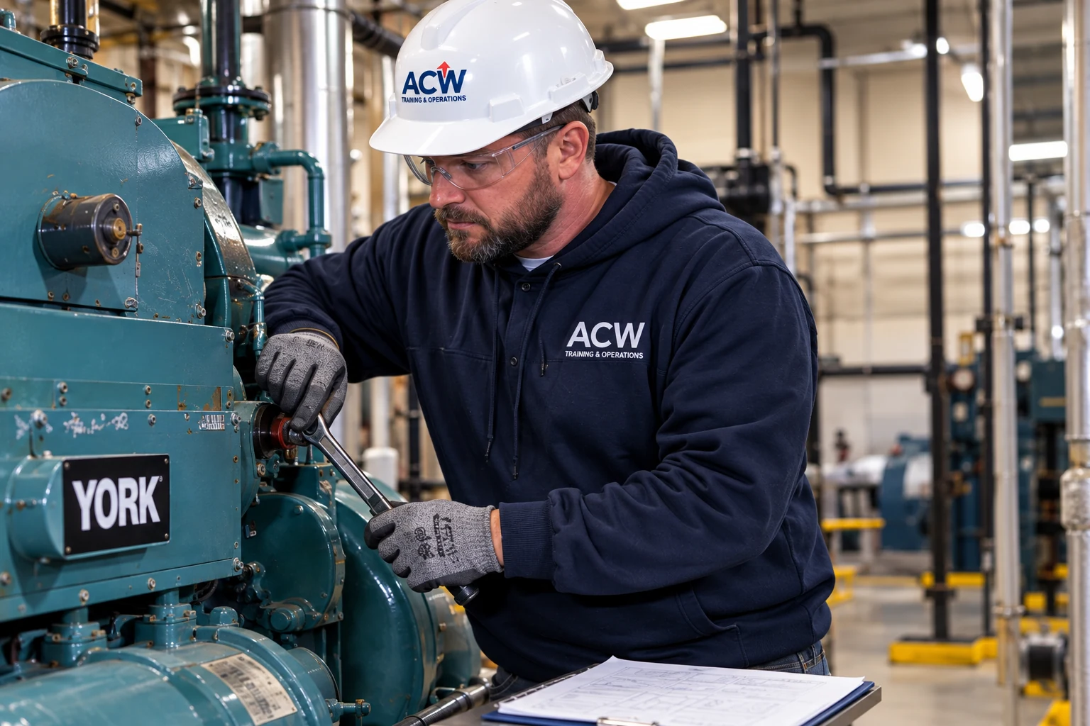 ACW technician servicing commercial chiller equipment
