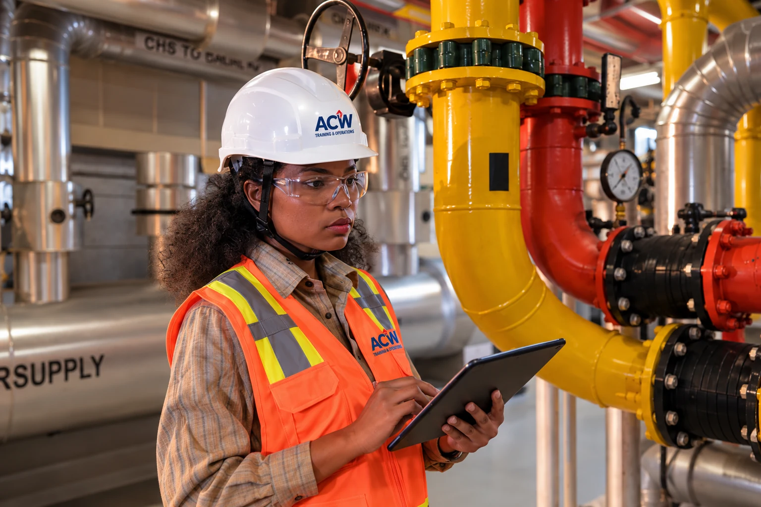 ACW technician documenting hydronic piping conditions with a tablet