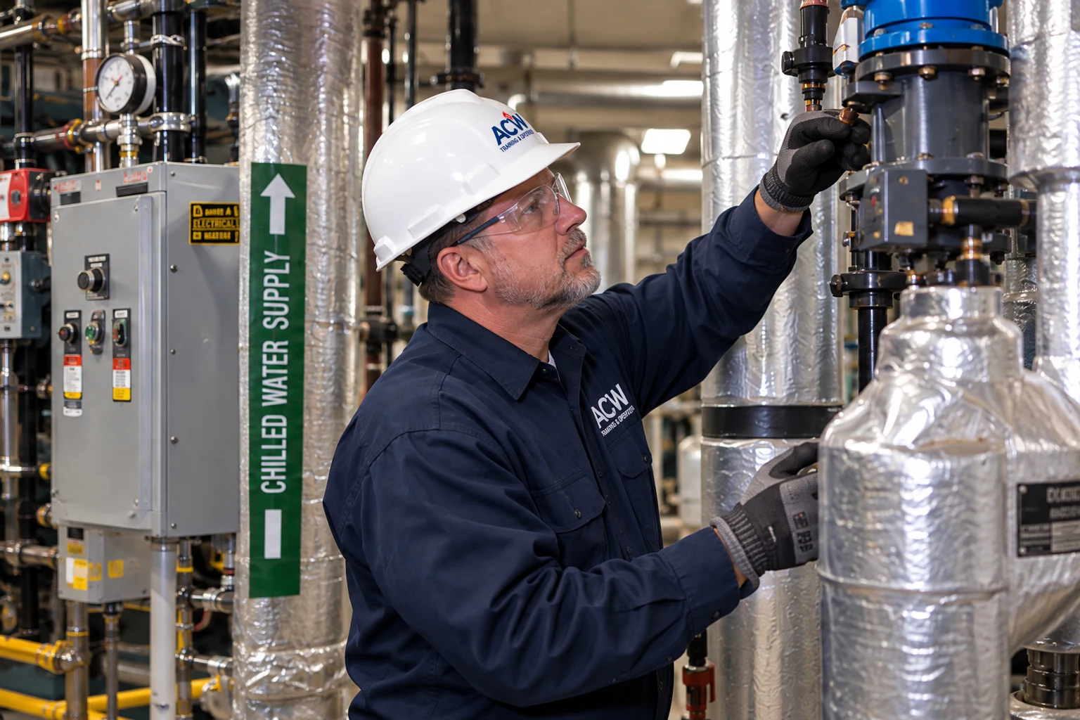 ACW technician inspecting a chilled-water valve in a mechanical room
