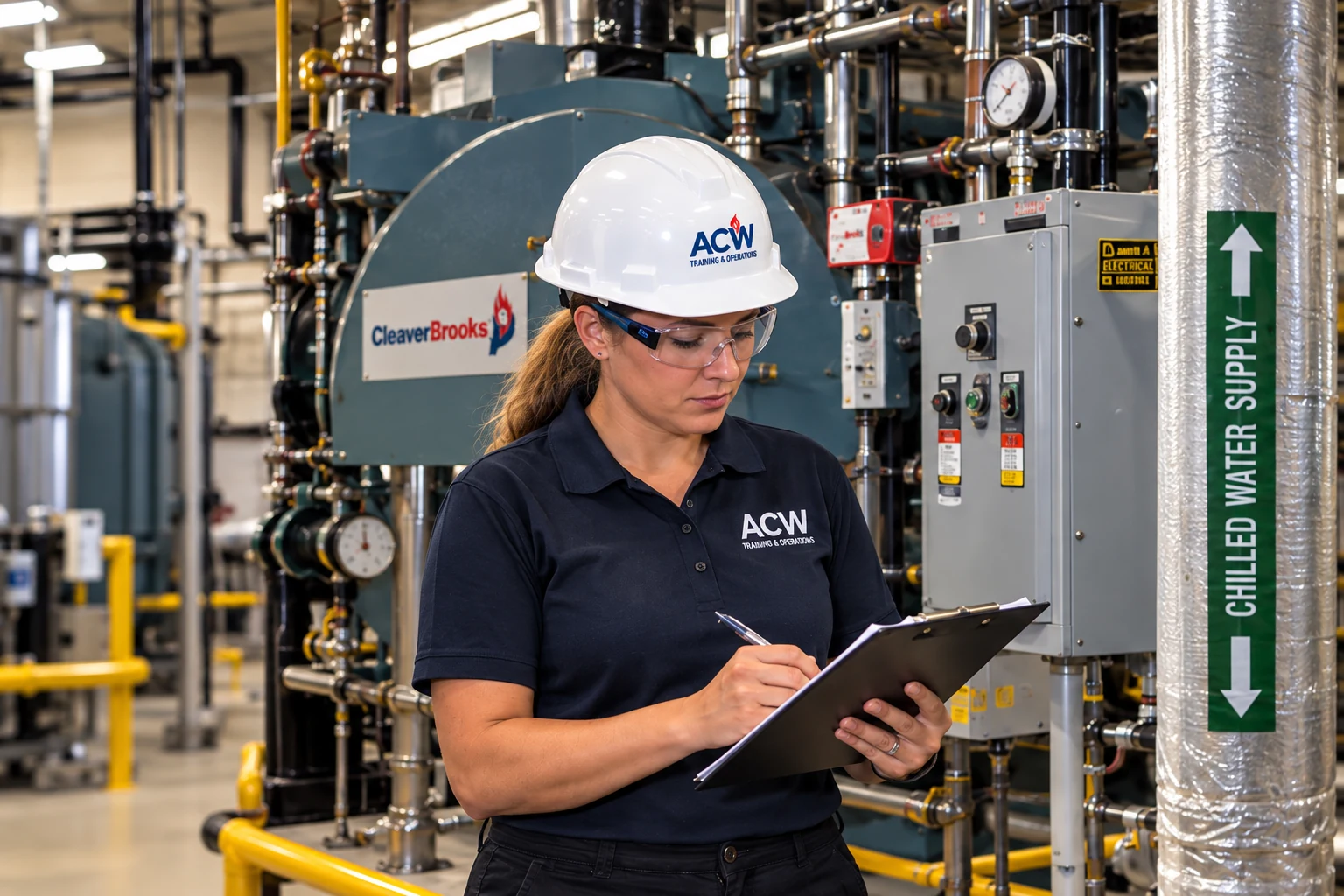 ACW technician recording equipment readings beside a commercial boiler
