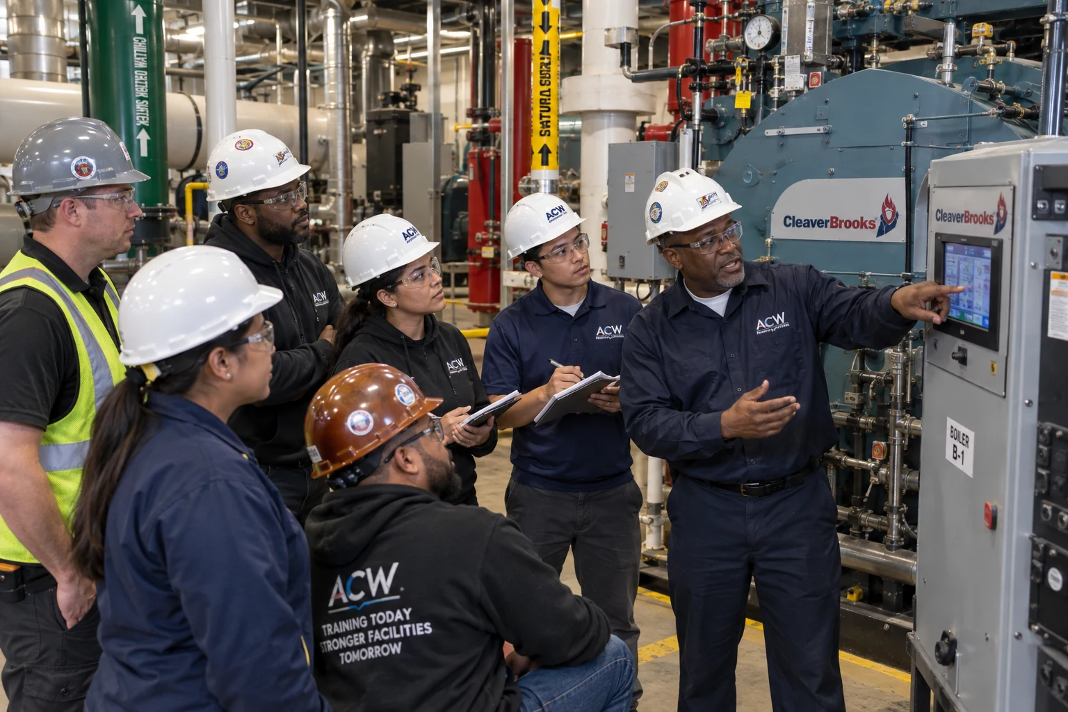 Diverse group of ACW engineers gathered for safety training in a commercial boiler room