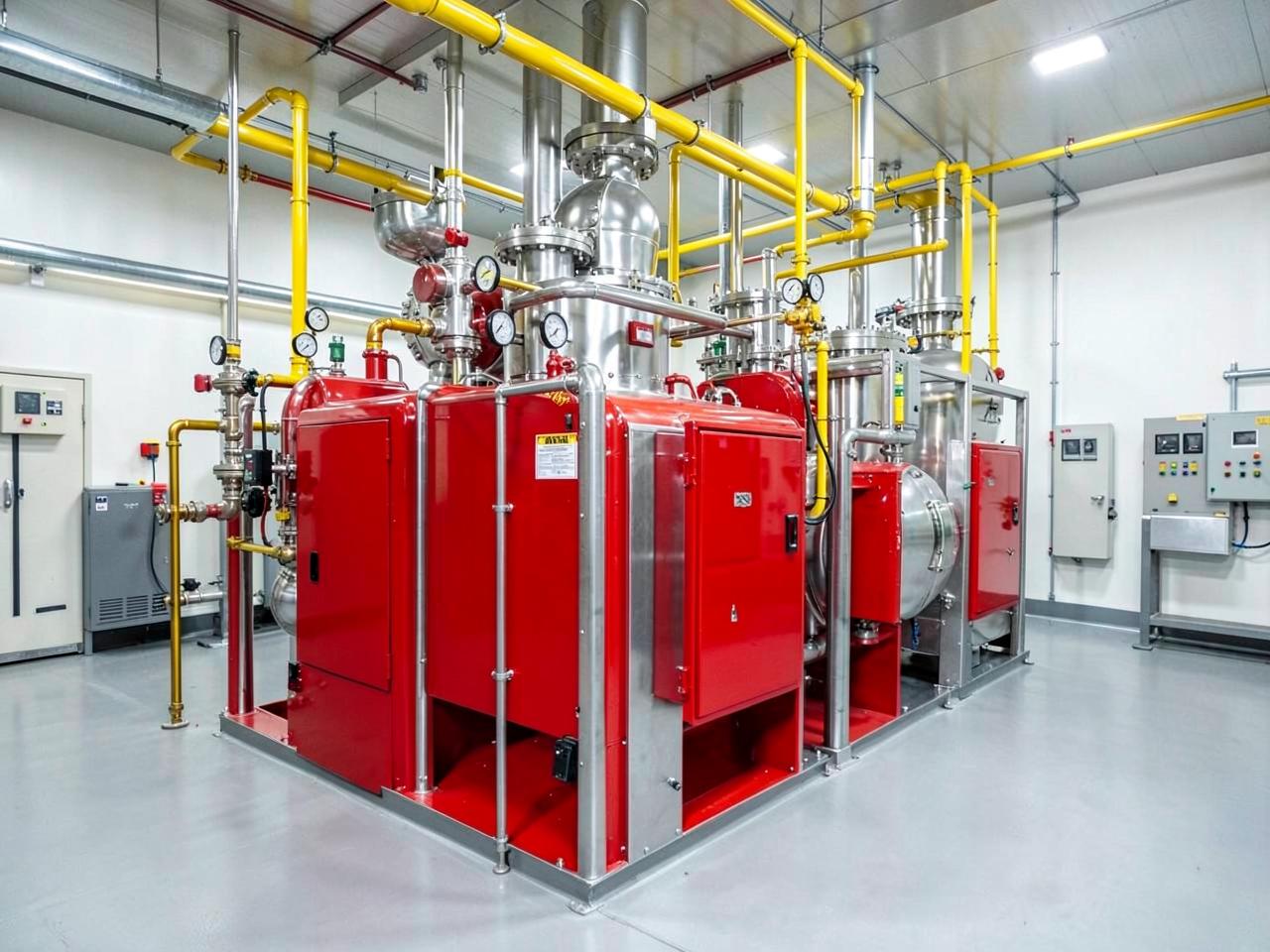 Commercial boiler room with steam boilers and gas piping