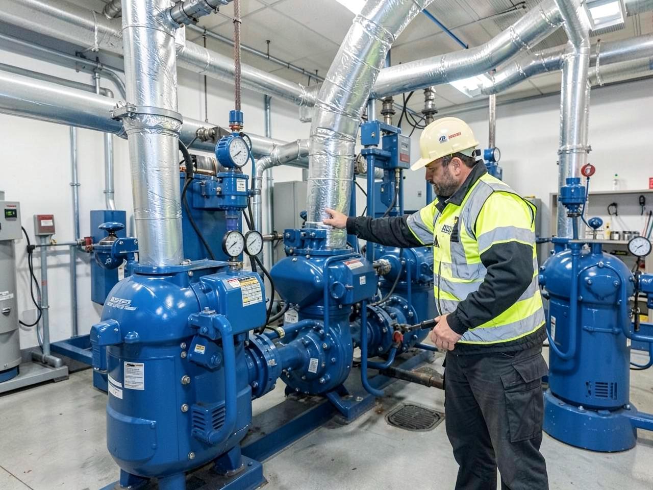 Engineer inspecting chiller and pump equipment